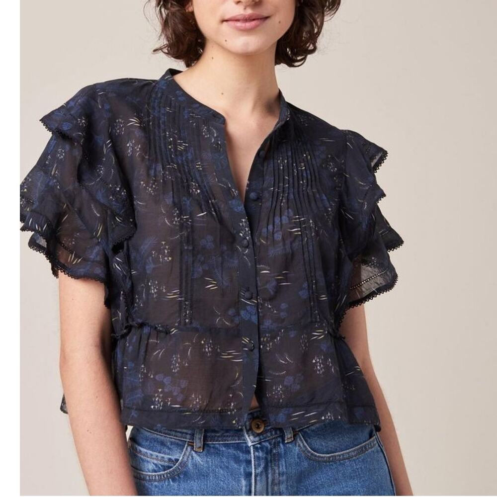 Sessun Ruffle Short Sleeve Button Down Floral Blouse - XS